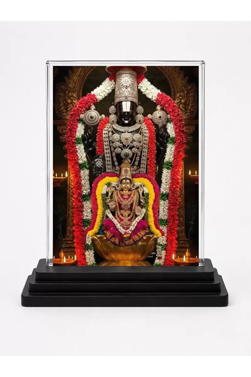 Lord Tirupati & Goddess Lakshmi Acrylic Car Dashboard Showpiece | Double-Sided Lord Tirupati & Goddess Lakshmi Photo Stand | 3 X 4 Inch Photo | Transparent Acrylic Frame With Black Base | Car Dashboard, Office & Table Decor (F72255)