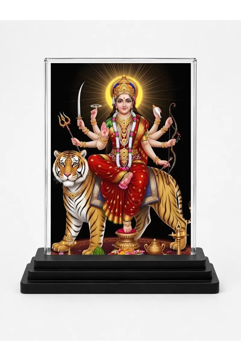 Durga Acrylic Car Dashboard Showpiece | Double-Sided Durga Photo Stand | 3 X 4 Inch Photo | Transparent Acrylic Frame With Black Base | Car Dashboard, Office & Table Decor (F72256)