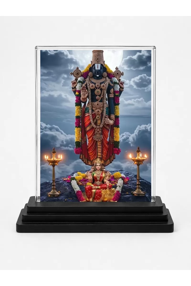 Lortd Tirupati Acrylic Car Dashboard Showpiece | Double-Sided Lortd Tirupati Photo Stand | 3 X 4 Inch Photo | Transparent Acrylic Frame With Black Base | Car Dashboard, Office & Table Decor (F72257)