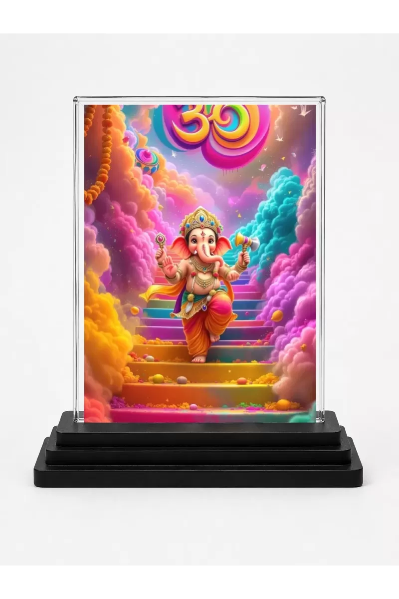 Ganesha Acrylic Car Dashboard Showpiece | Double-Sided Ganesha Photo Stand | 3 X 4 Inch Photo | Transparent Acrylic Frame With Black Base | Car Dashboard, Office & Table Decor (F72264)