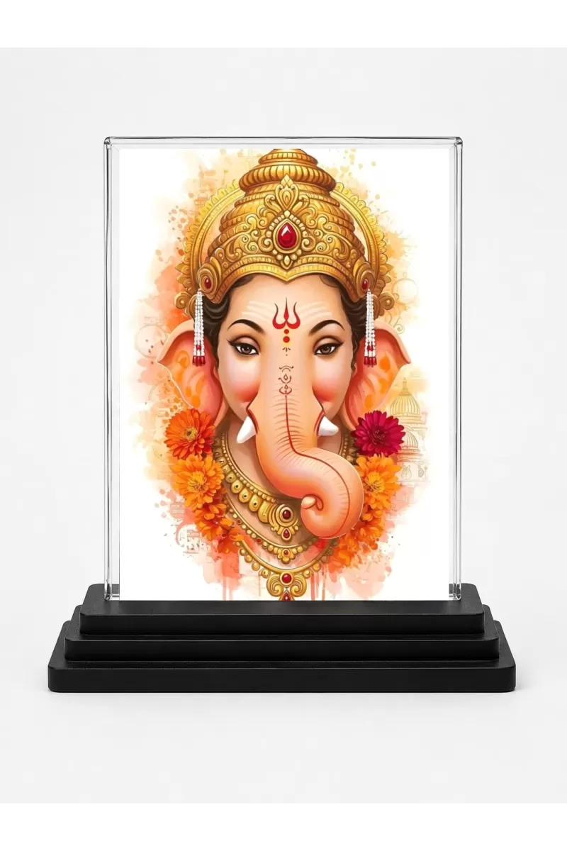 Ganesha Acrylic Car Dashboard Showpiece | Double-Sided Ganesha Photo Stand | 3 X 4 Inch Photo | Transparent Acrylic Frame With Black Base | Car Dashboard, Office & Table Decor (F72270)