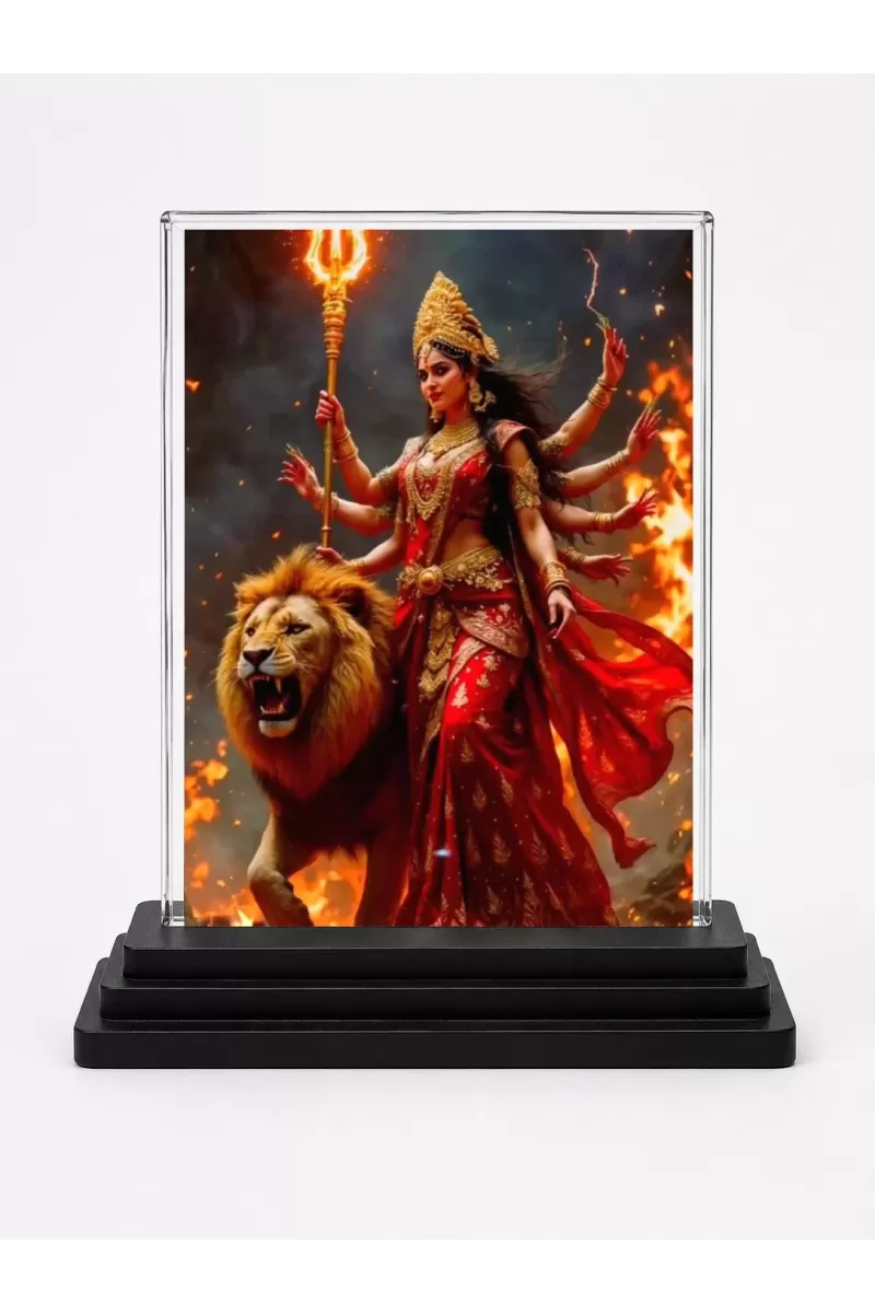 Durga Acrylic Car Dashboard Showpiece | Double-Sided Durga Photo Stand | 3 X 4 Inch Photo | Transparent Acrylic Frame With Black Base | Car Dashboard, Office & Table Decor (F72271)