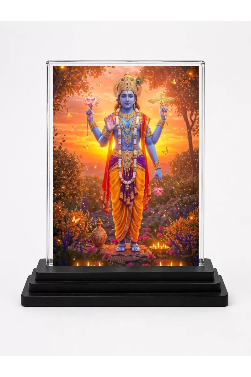 Vishnu Acrylic Car Dashboard Showpiece | Double-Sided Vishnu Photo Stand | 3 X 4 Inch Photo | Transparent Acrylic Frame With Black Base | Car Dashboard, Office & Table Decor (F72272)