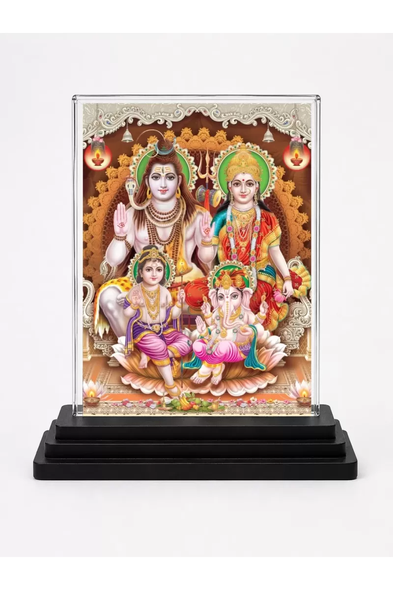 Lord Shiva Family Acrylic Car Dashboard Showpiece | Double-Sided Lord Shiva Family Photo Stand | 3 X 4 Inch Photo | Transparent Acrylic Frame With Black Base | Car Dashboard, Office & Table Decor (F72273)