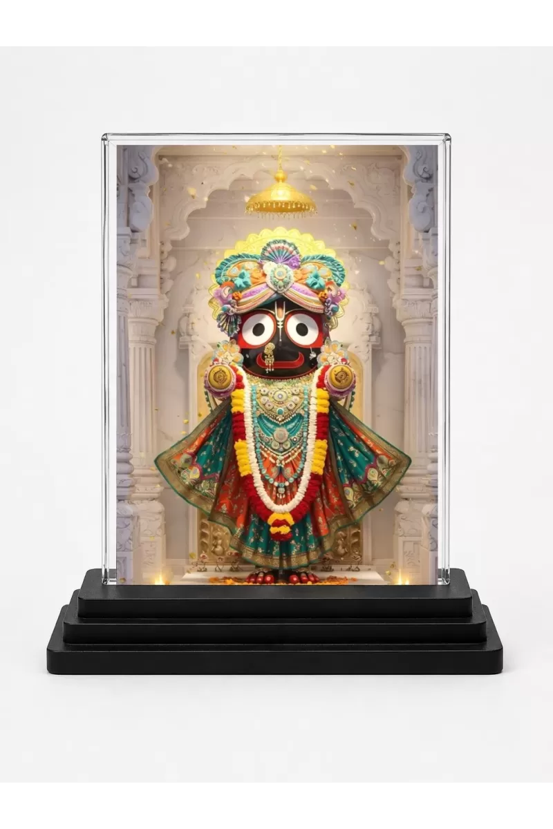 Jagannatha Acrylic Car Dashboard Showpiece | Double-Sided Jagannatha Photo Stand | 3 X 4 Inch Photo | Transparent Acrylic Frame With Black Base | Car Dashboard, Office & Table Decor (F72274)