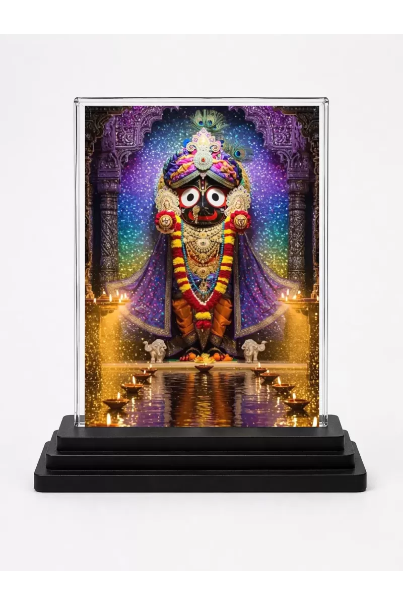 Jagannatha Acrylic Car Dashboard Showpiece | Double-Sided Jagannatha Photo Stand | 3 X 4 Inch Photo | Transparent Acrylic Frame With Black Base | Car Dashboard, Office & Table Decor (F72275)