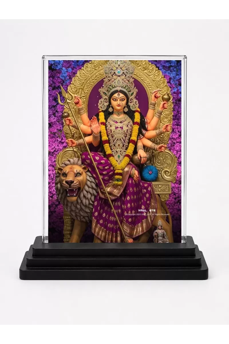 Durga Acrylic Car Dashboard Showpiece | Double-Sided Durga Photo Stand | 3 X 4 Inch Photo | Transparent Acrylic Frame With Black Base | Car Dashboard, Office & Table Decor (F72276)
