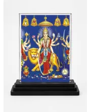 Goddess Durga Acrylic Car Dashboard Showpiece | Double-Sided Goddess Durga Photo Stand | 3 X 4 Inch Photo | Transparent Acrylic Frame With Black Base | Car Dashboard, Office & Table Decor (F72277)