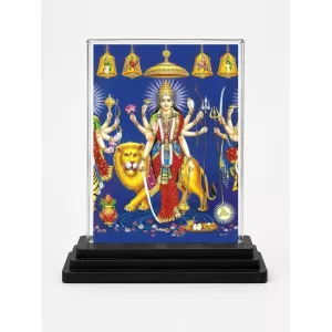 Goddess Durga Acrylic Car Dashboard Showpiece | Double-Sided Goddess Durga Photo Stand | 3 X 4 Inch Photo | Transparent Acrylic Frame With Black Base | Car Dashboard, Office & Table Decor (F72277)