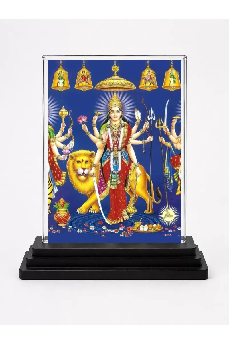 Goddess Durga Acrylic Car Dashboard Showpiece | Double-Sided Goddess Durga Photo Stand | 3 X 4 Inch Photo | Transparent Acrylic Frame With Black Base | Car Dashboard, Office & Table Decor (F72277)