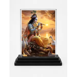 Krishna Acrylic Car Dashboard Showpiece | Double-Sided Krishna Photo Stand | 3 X 4 Inch Photo | Transparent Acrylic Frame With Black Base | Car Dashboard, Office & Table Decor (F72278)
