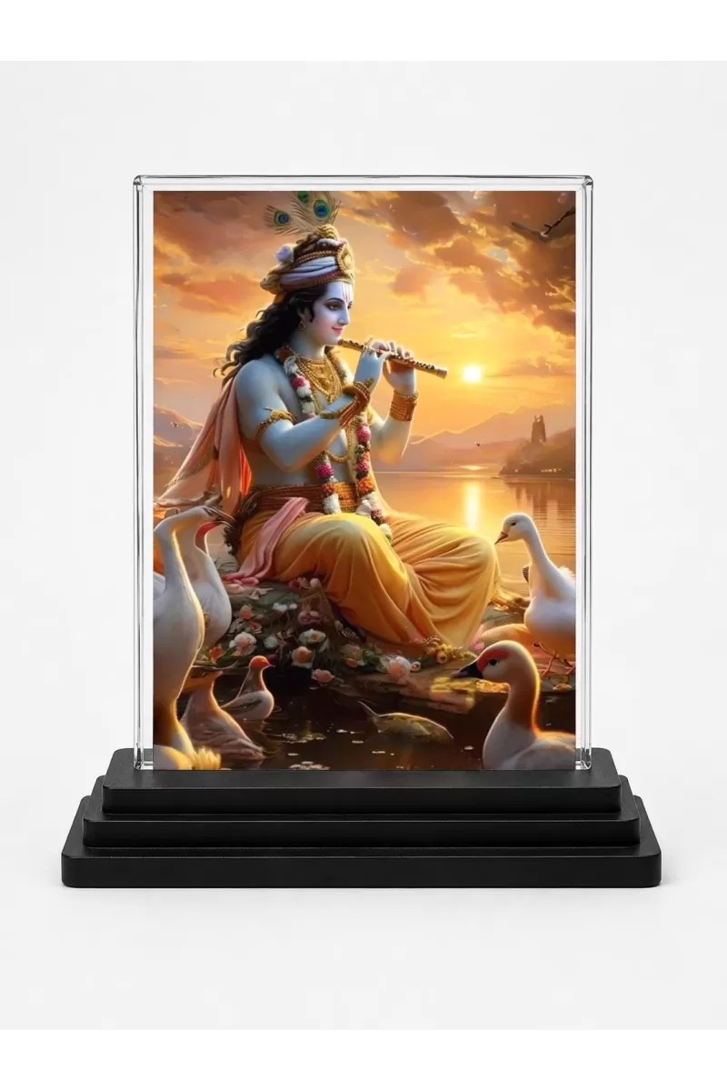 Krishna Acrylic Car Dashboard Showpiece | Double-Sided Krishna Photo Stand | 3 X 4 Inch Photo | Transparent Acrylic Frame With Black Base | Car Dashboard, Office & Table Decor (F72278)