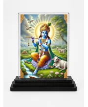 Shree Krishna Acrylic Car Dashboard Showpiece | Double-Sided Shree Krishna Photo Stand | 3 X 4 Inch Photo | Transparent Acrylic Frame With Black Base | Car Dashboard, Office & Table Decor (F72279)