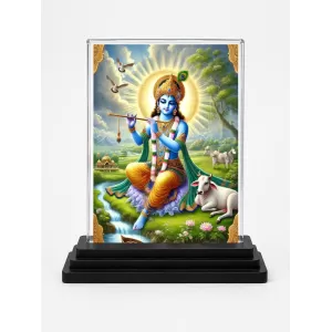 Shree Krishna Acrylic Car Dashboard Showpiece | Double-Sided Shree Krishna Photo Stand | 3 X 4 Inch Photo | Transparent Acrylic Frame With Black Base | Car Dashboard, Office & Table Decor (F72279)