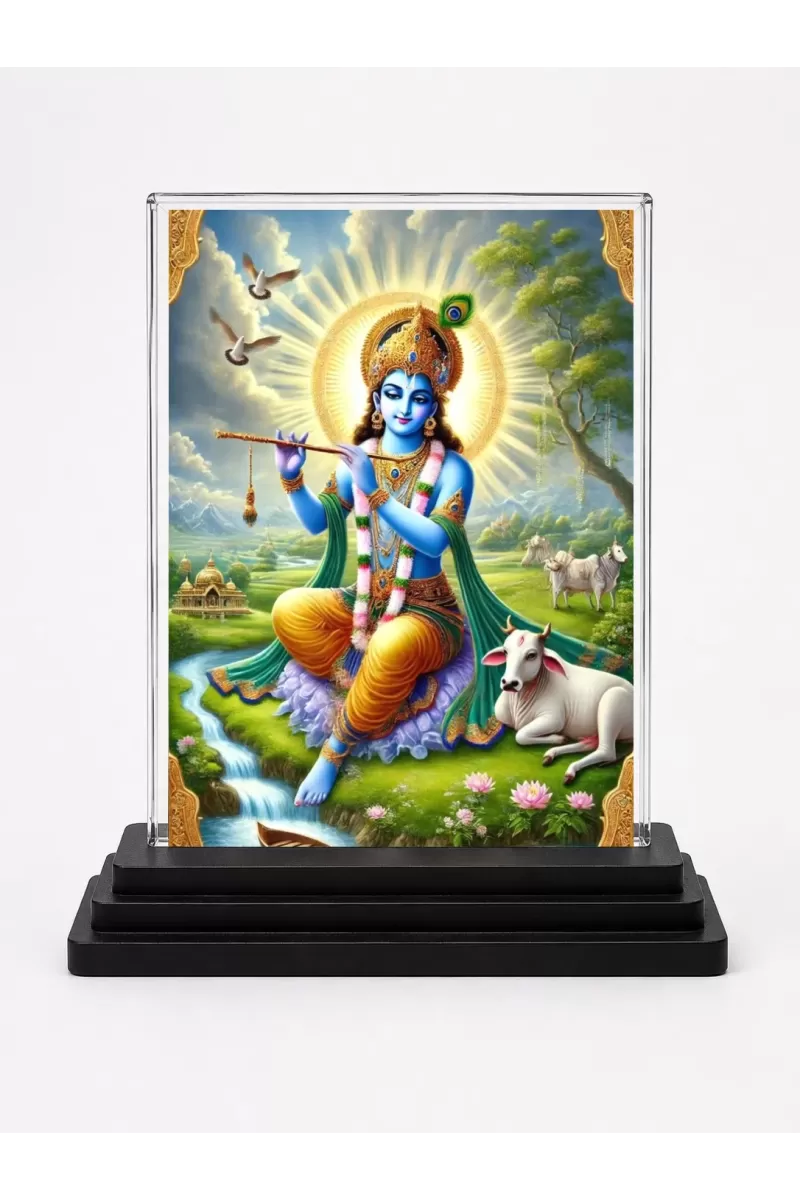 Shree Krishna Acrylic Car Dashboard Showpiece | Double-Sided Shree Krishna Photo Stand | 3 X 4 Inch Photo | Transparent Acrylic Frame With Black Base | Car Dashboard, Office & Table Decor (F72279)