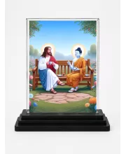 Jesus Christ And Shree Yogodananda Acrylic Car Dashboard Showpiece | Double-Sided Jesus Christ And Shree Yogodananda Photo Stand | 3 X 4 Inch Photo | Transparent Acrylic Frame With Black Base | Car Dashboard, Office & Table Decor (F72282)