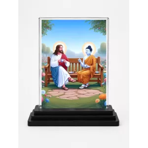 Jesus Christ And Shree Yogodananda Acrylic Car Dashboard Showpiece | Double-Sided Jesus Christ And Shree Yogodananda Photo Stand | 3 X 4 Inch Photo | Transparent Acrylic Frame With Black Base | Car Dashboard, Office & Table Decor (F72282)