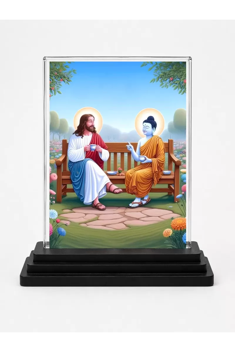 Jesus Christ And Shree Yogodananda Acrylic Car Dashboard Showpiece | Double-Sided Jesus Christ And Shree Yogodananda Photo Stand | 3 X 4 Inch Photo | Transparent Acrylic Frame With Black Base | Car Dashboard, Office & Table Decor (F72282)
