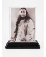 Shree Yogodananda Acrylic Car Dashboard Showpiece | Double-Sided Shree Yogodananda Photo Stand | 3 X 4 Inch Photo | Transparent Acrylic Frame With Black Base | Car Dashboard, Office & Table Decor (F72283)