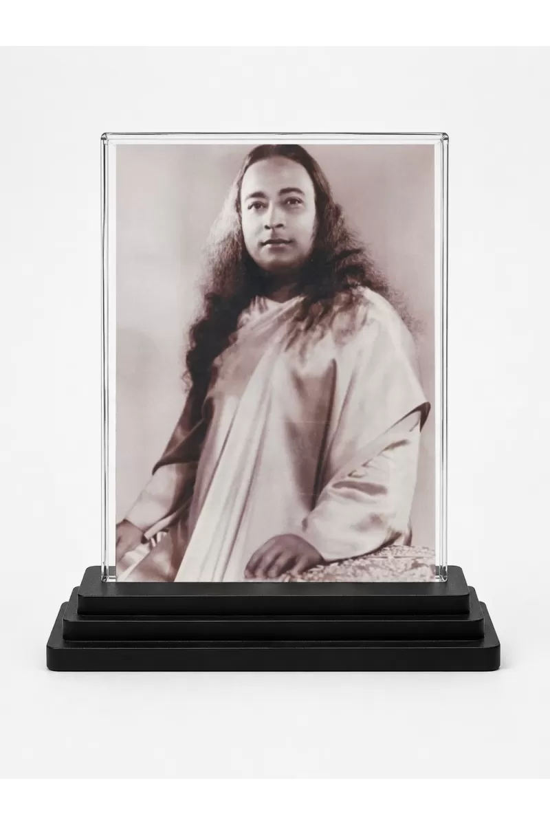 Shree Yogodananda Acrylic Car Dashboard Showpiece | Double-Sided Shree Yogodananda Photo Stand | 3 X 4 Inch Photo | Transparent Acrylic Frame With Black Base | Car Dashboard, Office & Table Decor (F72283)