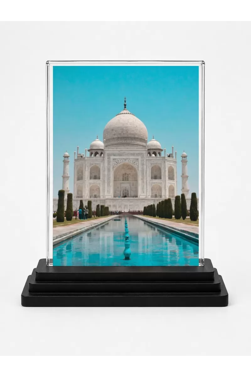 TaajMahal Acrylic Car Dashboard Showpiece | Double-Sided TaajMahal Photo Stand | 3 X 4 Inch Photo | Transparent Acrylic Frame With Black Base | Car Dashboard, Office & Table Decor (F72285)