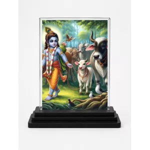 Krishna Acrylic Car Dashboard Showpiece | Double-Sided Krishna Photo Stand | 3 X 4 Inch Photo | Transparent Acrylic Frame With Black Base | Car Dashboard, Office & Table Decor (F72287)