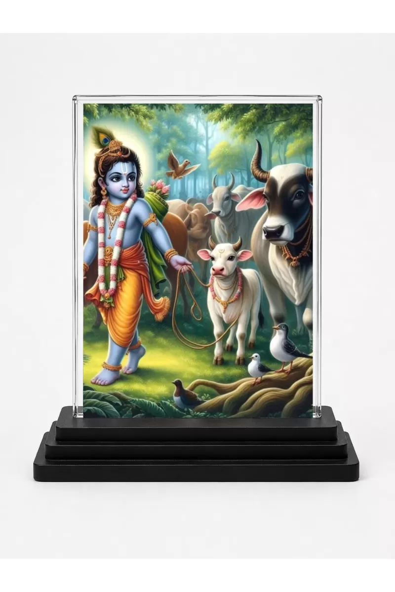 Krishna Acrylic Car Dashboard Showpiece | Double-Sided Krishna Photo Stand | 3 X 4 Inch Photo | Transparent Acrylic Frame With Black Base | Car Dashboard, Office & Table Decor (F72287)