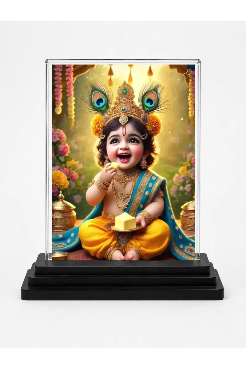 Krishna Acrylic Car Dashboard Showpiece | Double-Sided Krishna Photo Stand | 3 X 4 Inch Photo | Transparent Acrylic Frame With Black Base | Car Dashboard, Office & Table Decor (F72288)