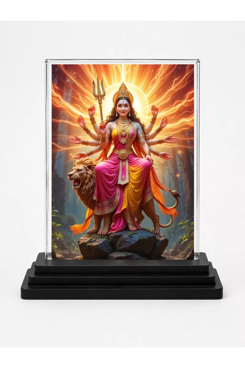 Durga Acrylic Car Dashboard Showpiece | Double-Sided Durga Photo Stand | 3 X 4 Inch Photo | Transparent Acrylic Frame With Black Base | Car Dashboard, Office & Table Decor (F72291)