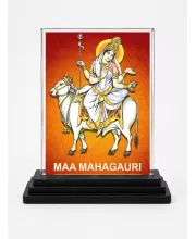Maa Mahagauri Acrylic Car Dashboard Showpiece | Double-Sided Maa Mahagauri Photo Stand | 3 X 4 Inch Photo | Transparent Acrylic Frame With Black Base | Car Dashboard, Office & Table Decor (F72292)