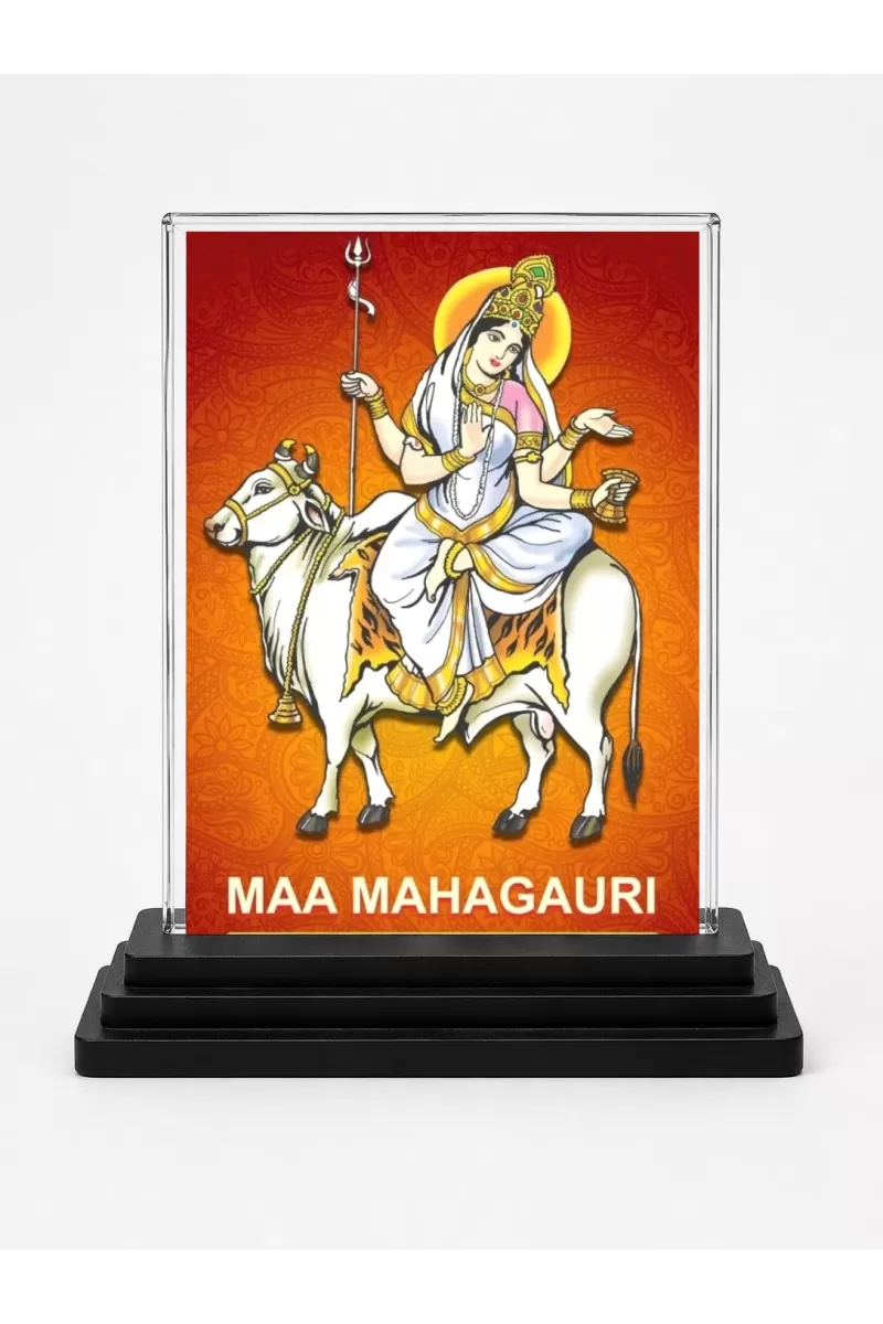 Maa Mahagauri Acrylic Car Dashboard Showpiece | Double-Sided Maa Mahagauri Photo Stand | 3 X 4 Inch Photo | Transparent Acrylic Frame With Black Base | Car Dashboard, Office & Table Decor (F72292)
