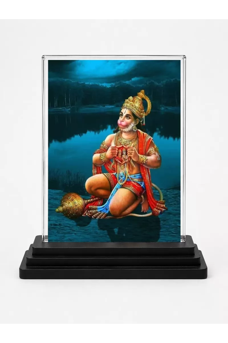 Shree Hanuman Acrylic Car Dashboard Showpiece | Double-Sided Shree Hanuman Photo Stand | 3 X 4 Inch Photo | Transparent Acrylic Frame With Black Base | Car Dashboard, Office & Table Decor (F72301)