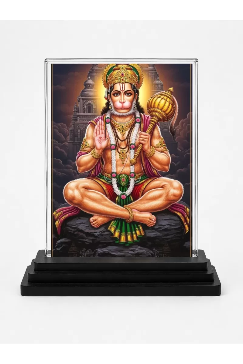 Hanuman Acrylic Car Dashboard Showpiece | Double-Sided Hanuman Photo Stand | 3 X 4 Inch Photo | Transparent Acrylic Frame With Black Base | Car Dashboard, Office & Table Decor (F72303)
