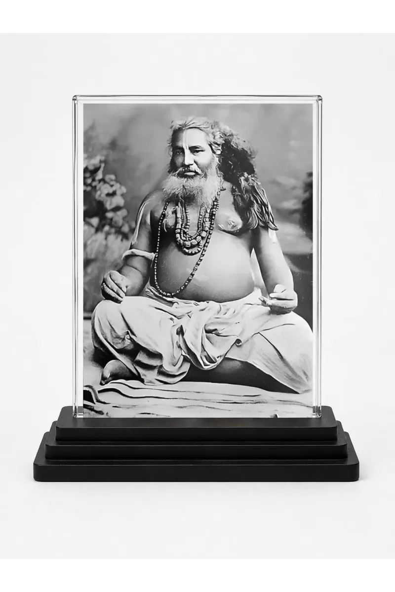Shree Shree Vijay Krishna Goswami Acrylic Car Dashboard Showpiece | Double-Sided Shree Shree Vijay Krishna Goswami Photo Stand | 3 X 4 Inch Photo | Transparent Acrylic Frame With Black Base | Car Dashboard, Office & Table Decor (F72304)