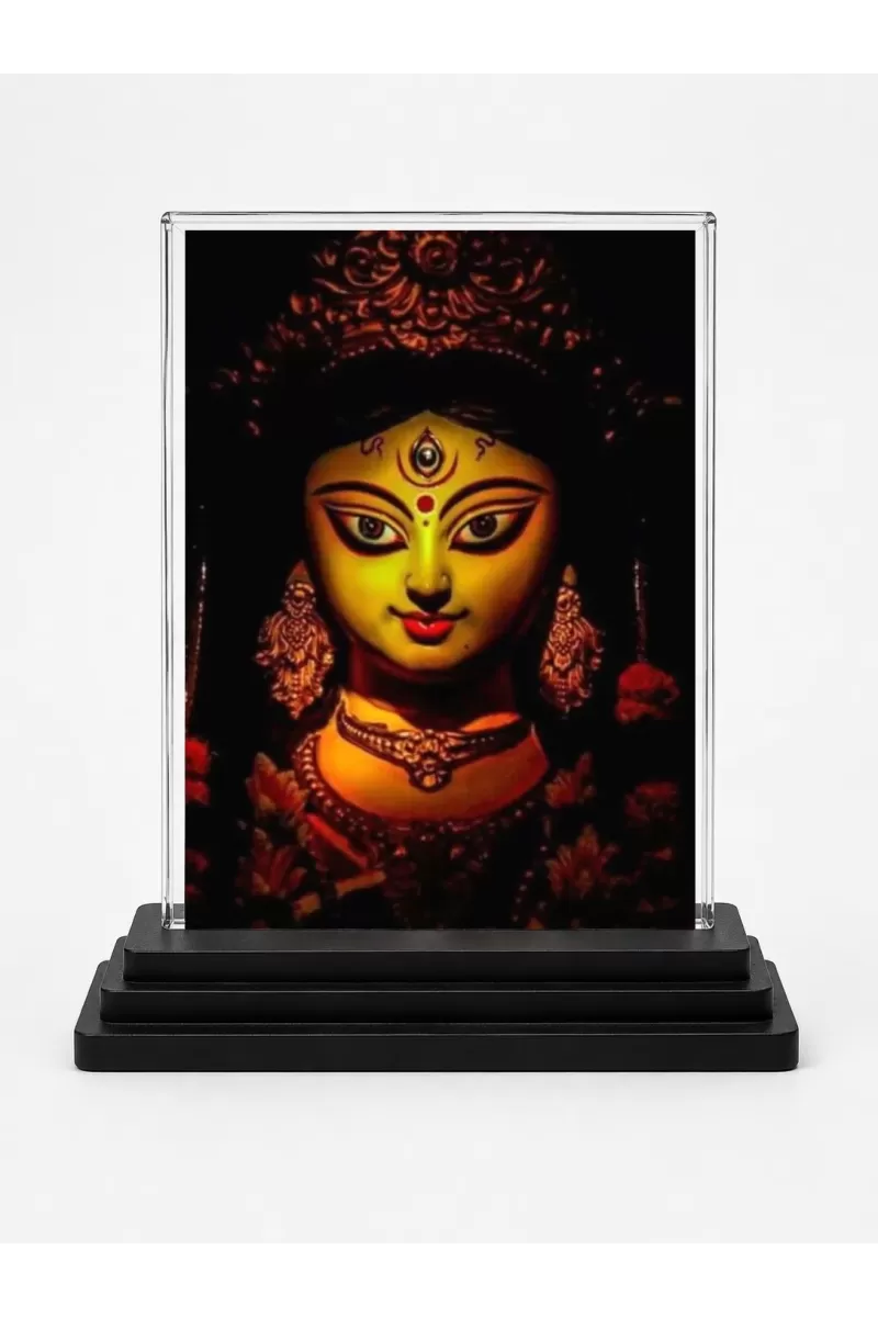 Maa Durga Acrylic Car Dashboard Showpiece | Double-Sided Maa Durga Photo Stand | 3 X 4 Inch Photo | Transparent Acrylic Frame With Black Base | Car Dashboard, Office & Table Decor (F72306)