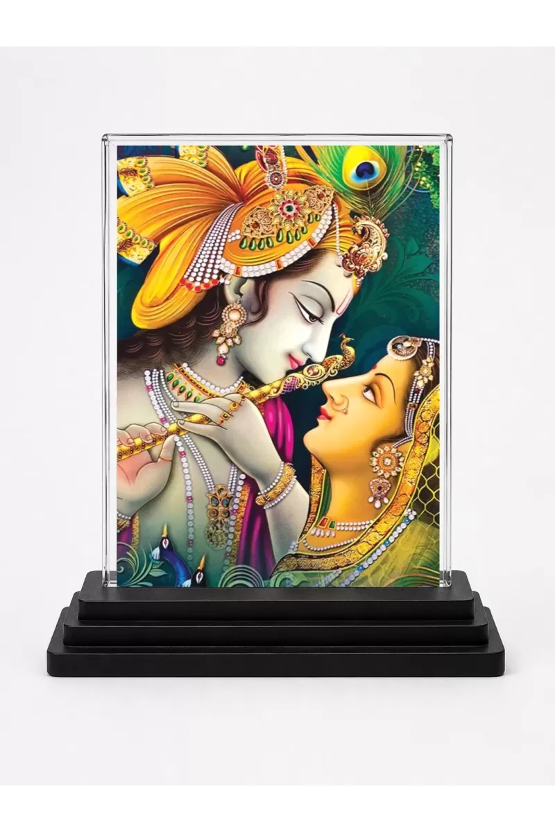 Shree Krishna And Shree Radha Acrylic Car Dashboard Showpiece | Double-Sided Shree Krishna And Shree Radha Photo Stand | 3 X 4 Inch Photo | Transparent Acrylic Frame With Black Base | Car Dashboard, Office & Table Decor (F72307)