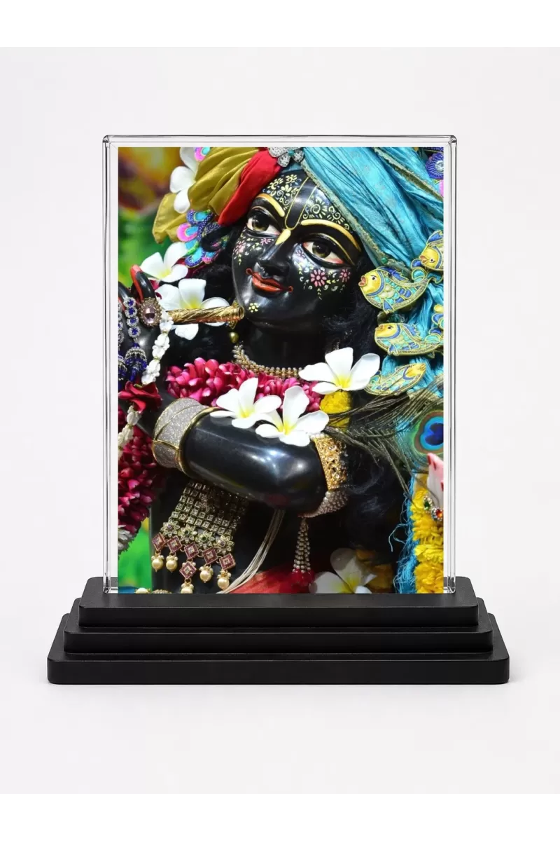 Shree Krishna Acrylic Car Dashboard Showpiece | Double-Sided Shree Krishna Photo Stand | 3 X 4 Inch Photo | Transparent Acrylic Frame With Black Base | Car Dashboard, Office & Table Decor (F72308)
