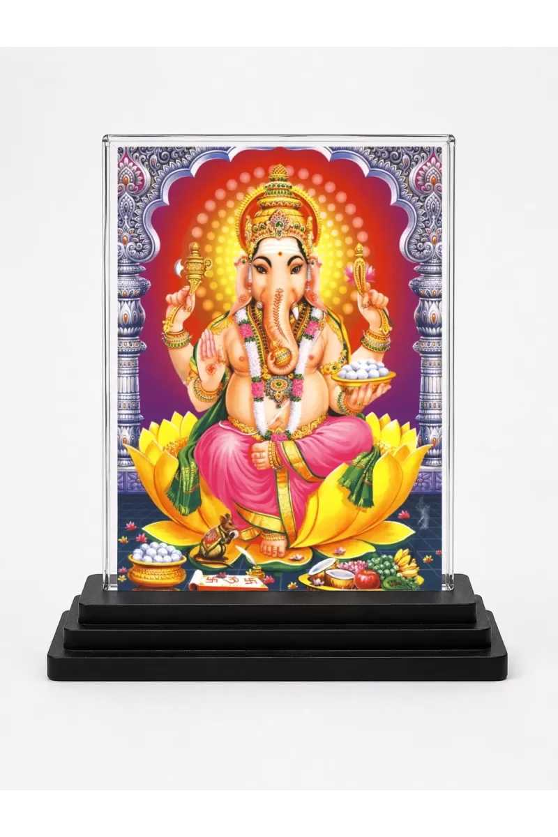 Lord Ganesh Acrylic Car Dashboard Showpiece | Double-Sided Lord Ganesh Photo Stand | 3 X 4 Inch Photo | Transparent Acrylic Frame With Black Base | Car Dashboard, Office & Table Decor (F72309)