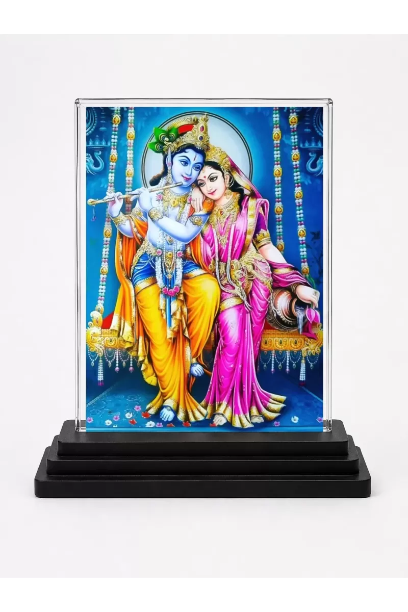 Shree Radha Shree Krishna Acrylic Car Dashboard Showpiece | Double-Sided Shree Radha Shree Krishna Photo Stand | 3 X 4 Inch Photo | Transparent Acrylic Frame With Black Base | Car Dashboard, Office & Table Decor (F72311)