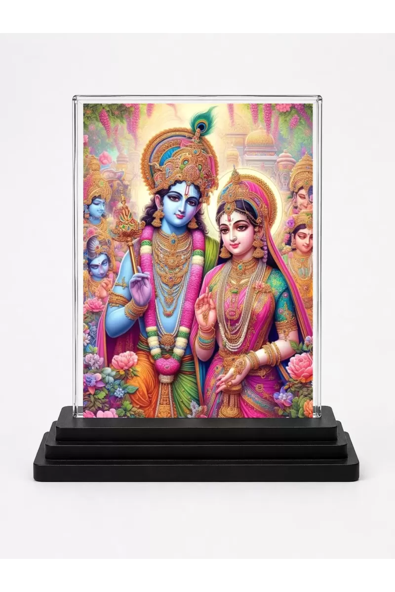 Radha Krishna Acrylic Car Dashboard Showpiece | Double-Sided Radha Krishna Photo Stand | 3 X 4 Inch Photo | Transparent Acrylic Frame With Black Base | Car Dashboard, Office & Table Decor (F72312)
