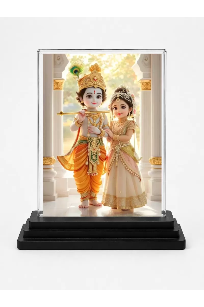 Baby Krishna And Baby Radha Acrylic Car Dashboard Showpiece | Double-Sided Baby Krishna And Baby Radha Photo Stand | 3 X 4 Inch Photo | Transparent Acrylic Frame With Black Base | Car Dashboard, Office & Table Decor (F72313)