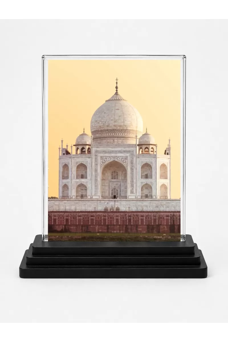 Taajmahal Acrylic Car Dashboard Showpiece | Double-Sided Taajmahal Photo Stand | 3 X 4 Inch Photo | Transparent Acrylic Frame With Black Base | Car Dashboard, Office & Table Decor (F72318)