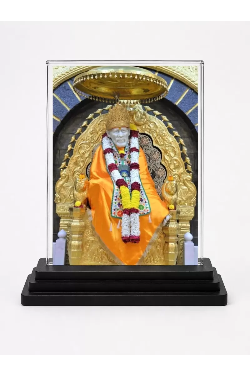 Sai Baba Acrylic Car Dashboard Showpiece | Double-Sided Sai Baba Photo Stand | 3 X 4 Inch Photo | Transparent Acrylic Frame With Black Base | Car Dashboard, Office & Table Decor (F72319)