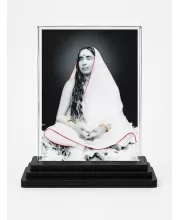 Maa Sarada Acrylic Car Dashboard Showpiece | Double-Sided Maa Sarada Photo Stand | 3 X 4 Inch Photo | Transparent Acrylic Frame With Black Base | Car Dashboard, Office & Table Decor (F72320)