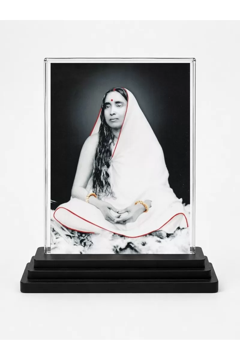 Maa Sarada Acrylic Car Dashboard Showpiece | Double-Sided Maa Sarada Photo Stand | 3 X 4 Inch Photo | Transparent Acrylic Frame With Black Base | Car Dashboard, Office & Table Decor (F72320)