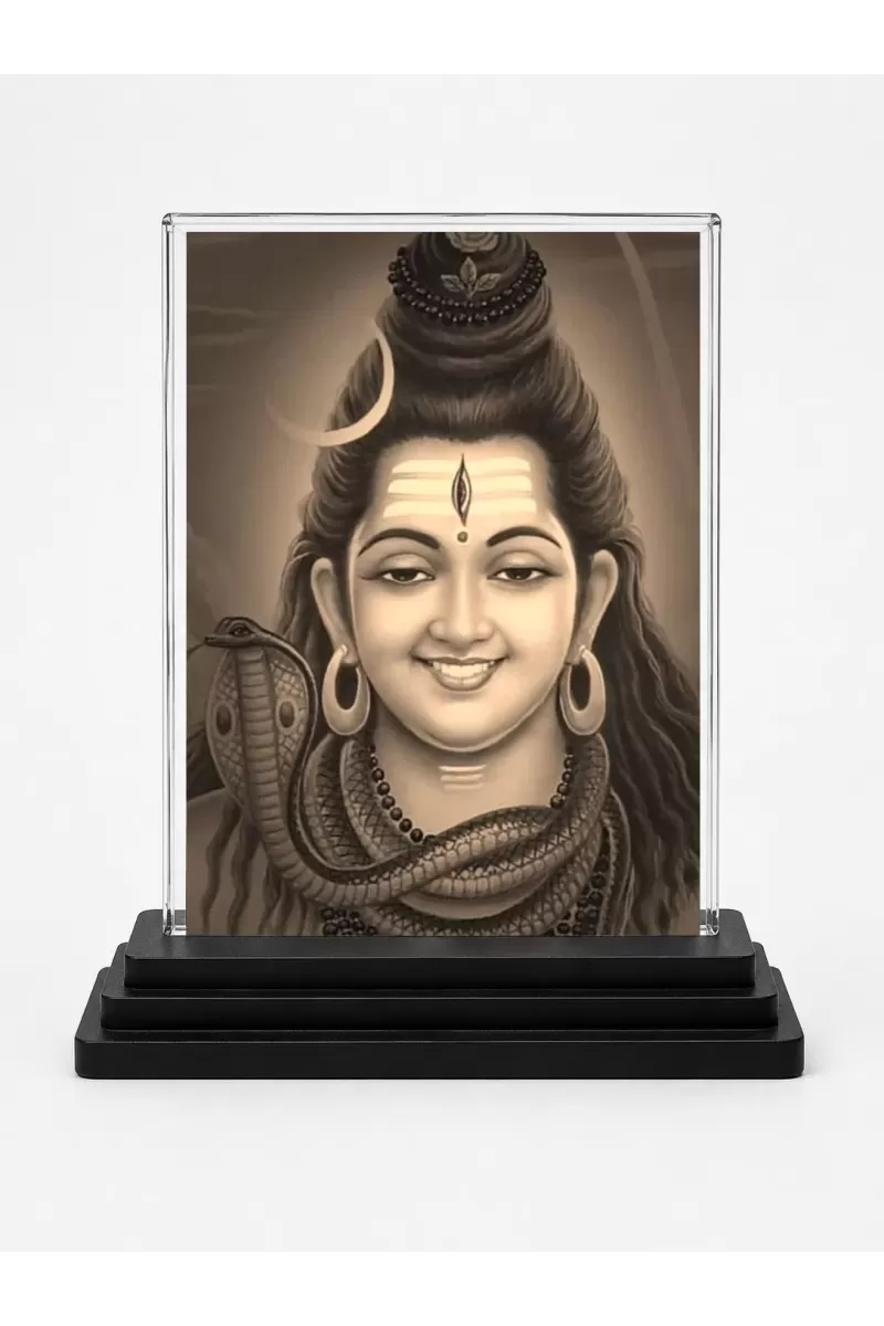 Lord Shiva Acrylic Car Dashboard Showpiece | Double-Sided Lord Shiva Photo Stand | 3 X 4 Inch Photo | Transparent Acrylic Frame With Black Base | Car Dashboard, Office & Table Decor (F72321)