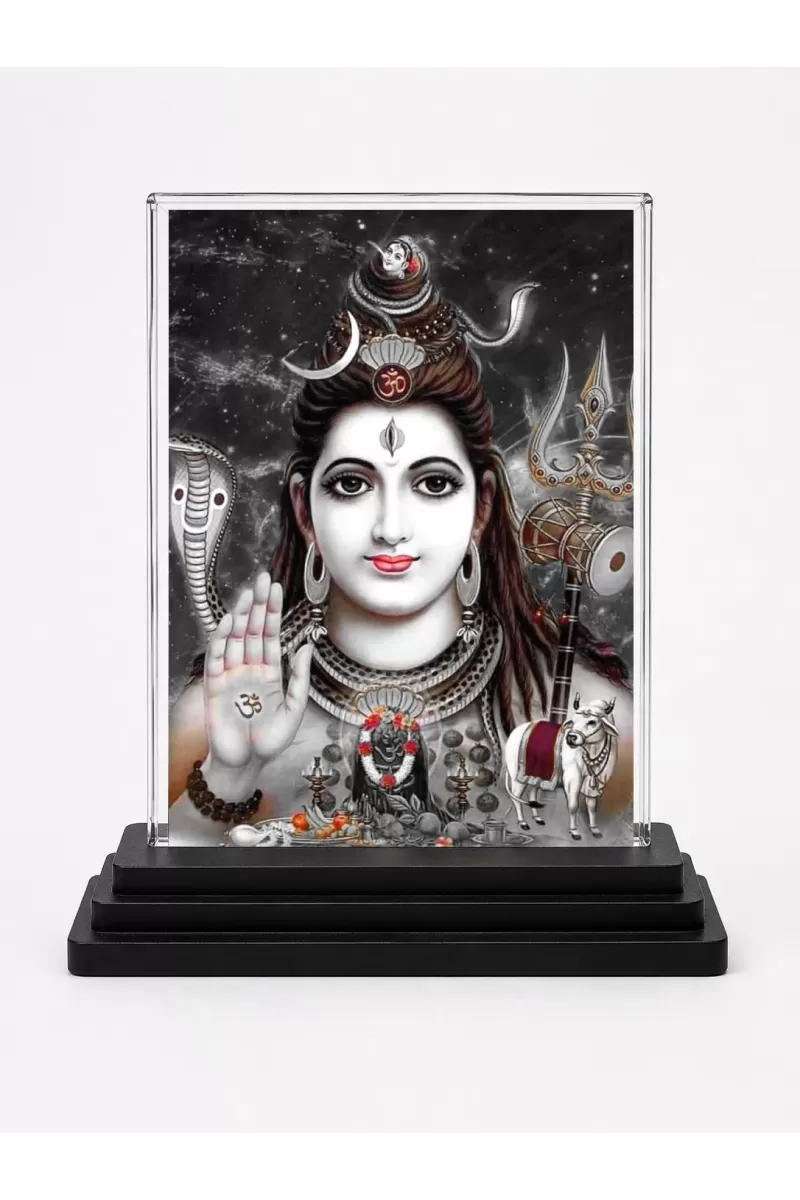 Lord Shiva Acrylic Car Dashboard Showpiece | Double-Sided Lord Shiva Photo Stand | 3 X 4 Inch Photo | Transparent Acrylic Frame With Black Base | Car Dashboard, Office & Table Decor (F72322)