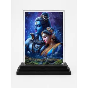 Shiva And Parvati Acrylic Car Dashboard Showpiece | Double-Sided Shiva And Parvati Photo Stand | 3 X 4 Inch Photo | Transparent Acrylic Frame With Black Base | Car Dashboard, Office & Table Decor (F72324)