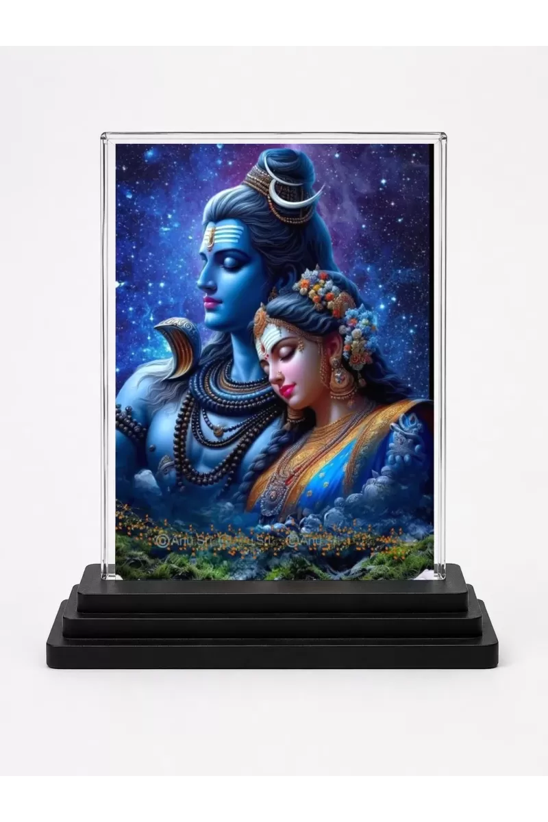 Shiva And Parvati Acrylic Car Dashboard Showpiece | Double-Sided Shiva And Parvati Photo Stand | 3 X 4 Inch Photo | Transparent Acrylic Frame With Black Base | Car Dashboard, Office & Table Decor (F72324)
