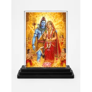 Shiva And Parvati Acrylic Car Dashboard Showpiece | Double-Sided Shiva And Parvati Photo Stand | 3 X 4 Inch Photo | Transparent Acrylic Frame With Black Base | Car Dashboard, Office & Table Decor (F72325)
